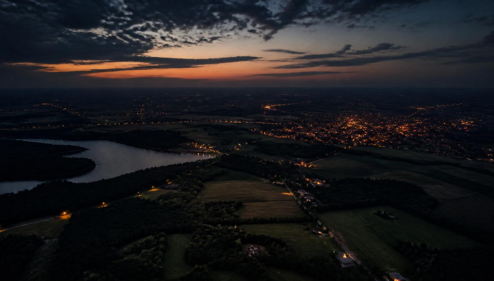 Aerial view of Southern Illinois countryside at dusk